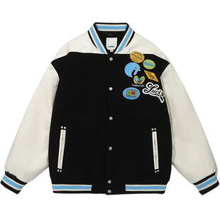 GUUKA潮牌黑色美式棉服男新款 粉色拼接棒球服棉衣冬季外套女宽松