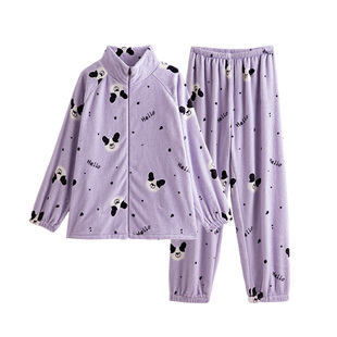 睡衣女款冬加厚法兰绒防静电拉链立领家居服甜美风防风可外穿套装