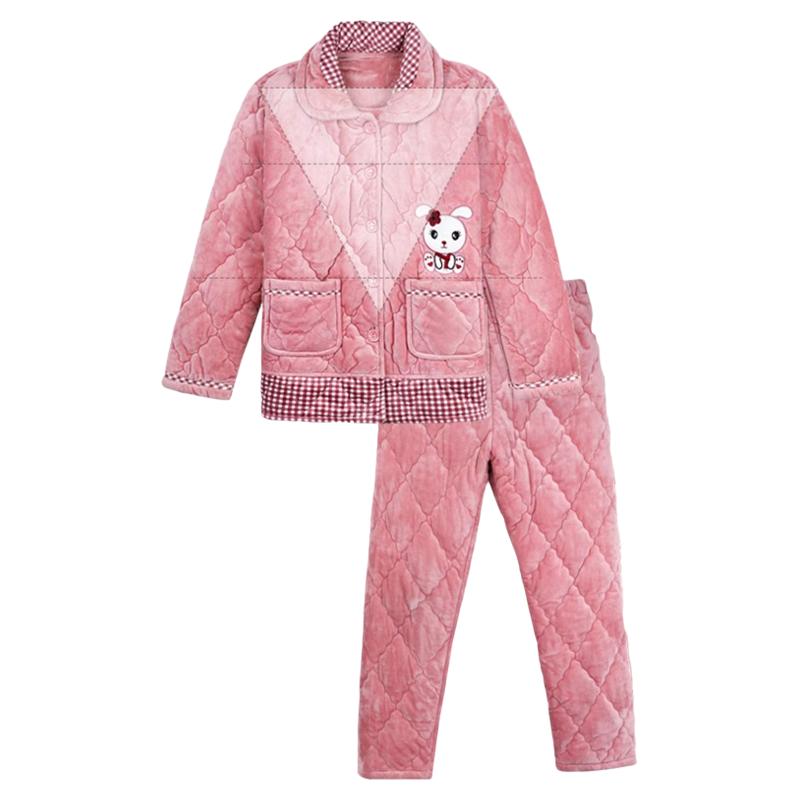 冬季睡衣女三层夹棉加绒加厚珊瑚绒保暖开衫女式家居服套装可外穿