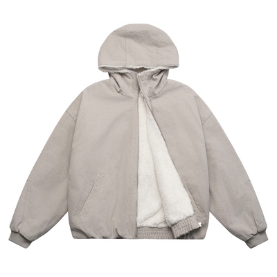 冬季复古毛绒加厚连帽棉衣男女