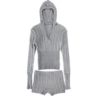 VJISHA2025连帽针织套装欧美女纯色长袖帽衫短上衣毛线短裤两件套