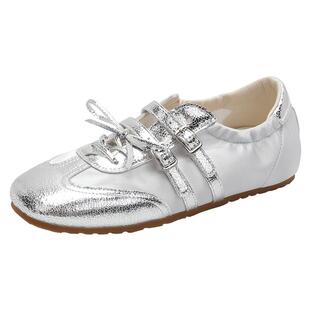 达芙妮芭蕾德训鞋女2026新款平底板鞋休闲运动鞋子银色玛丽珍单鞋