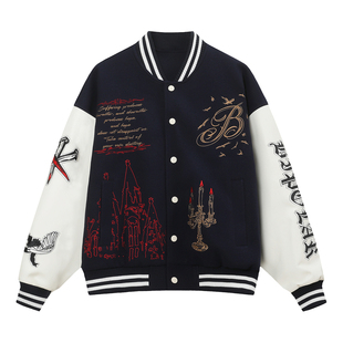 BIPOLAR复古刺绣棒球服美式学院风拼接上衣立领宽松外套男国潮秋