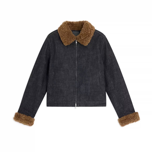 alright 丹宁拼接棉混纺黄色格纹短款H版型牛仔拼毛翻领外套秋冬