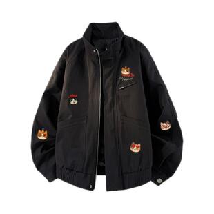 查尔斯桃心小猫印花立领工装夹克男女新款春秋季休闲百搭宽松外套