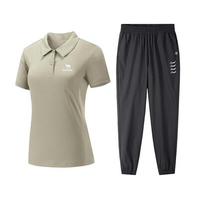 骆驼运动套装女夏季翻领polo衫T恤速干短袖长裤跑步休闲套装男