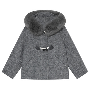 Goodland美地狐狸毛领连帽羊毛牛角扣大衣女2025冬新款LC35580200