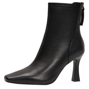 百田森黑色增高跟靴子女秋冬瘦瘦靴方头真羊皮小短靴配裙子的靴子