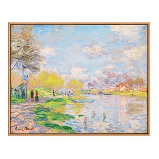 塞纳河畔的春天 莫奈印刷喷绘仿制油画客厅沙发背景装饰画风景画