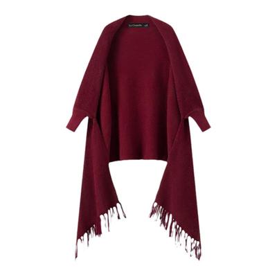 拉夏贝尔/La Chapelle红色流苏针织衫披肩外套女斗篷旗袍外搭披风