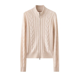 半高领麻花加厚山羊绒开衫女宽松保暖毛衣双拉链软糯羊毛针织外套