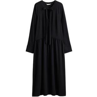 HM女装连衣裙冬季气质领口蝴蝶结系带礼服长裙1256897