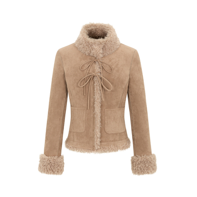 dorydory 驼色蝴蝶结系带皮毛一体短款小个子麂皮羊羔毛皮草外套