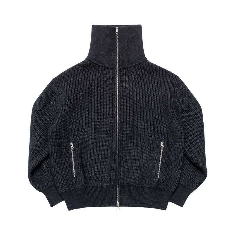 SUNINWAVE 25AW立领莫代尔抗起球粗针开衫毛衣重磅炭灰色短宽外套