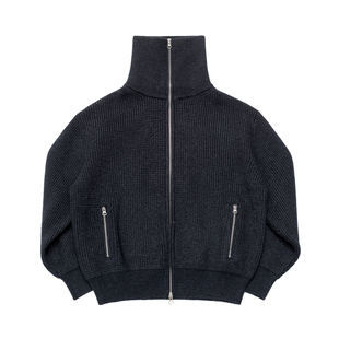 SUNINWAVE 25AW立领莫代尔抗起球粗针开衫毛衣重磅炭灰色短宽外套