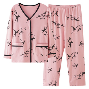 妈妈睡衣纯棉长袖薄款春秋季休闲大码中年妇女士家居服秋冬款套装