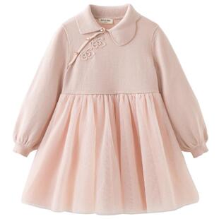 戴维贝拉中大童毛衣连衣裙2026春装新款女童粉色中国风网纱裙子
