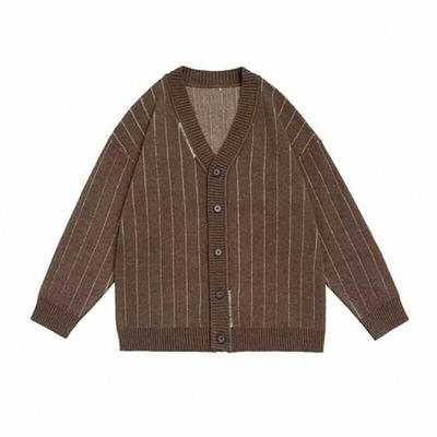 秋冬季日系复古穿搭整套中性条纹开衫毛衣男女学院风V领针织外套