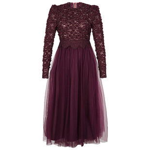 紫色网纱连衣裙女春季特别漂亮的裙子海边度假长袖收腰a字裙礼服