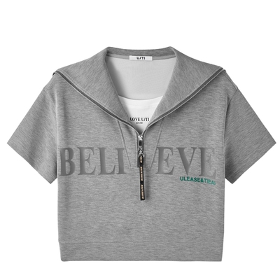 U/TI灰色运动风假两件短袖上衣时尚百搭休闲上衣尤缇2024夏季新款