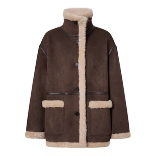 MO正品外套2025冬新品复古游牧毛绒拼接宽松高领厚实大衣E4COT022