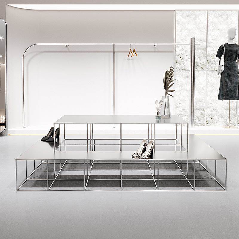 服装店中岛桌中间摆放不锈钢鲜花男女装店鞋包包高低展示台陈列架