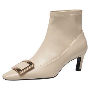 星期六细跟短靴女2025冬季新款尖头方扣高跟弹力瘦瘦优雅时装靴