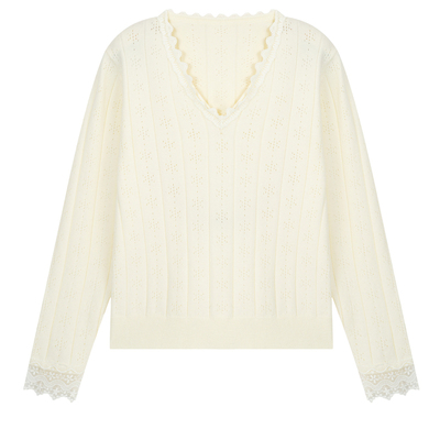 YUZI鱼子温柔蕾丝V领针织衫大码
