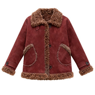 时尚皮毛一体羊羔毛外套女冬装新款洋气妈妈装翻领鹿皮绒棉服短款