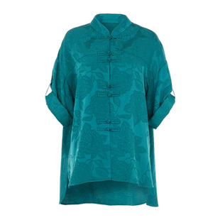 花木深新中式衬衫女孔雀蓝提花对襟衫立领衬衣中国风盘扣改良上衣