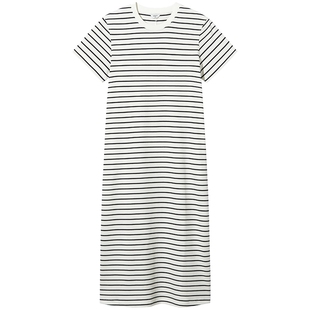 热风女士T恤短袖连衣裙2026年夏季新款直筒短袖针织裙条纹长裙