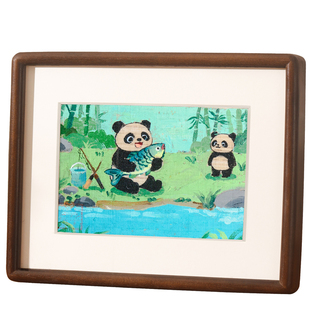 【重庆非遗】荣昌夏布手绘8寸相框摆件熊猫游泳元素成都文创礼物