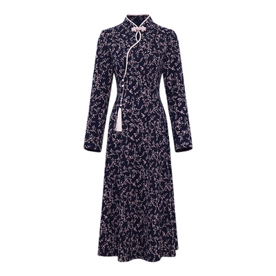 黛玛诗显瘦花裙子2025冬季新款复古国风碎花旗袍连衣裙女(附吊坠)