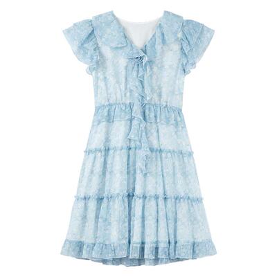 秋水伊人雪纺短袖碎花连衣裙