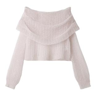 SNIDEL秋冬款大翻领一字领露肩镂空针织衫上衣SWNT245086