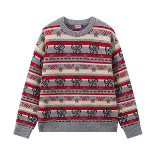 江南先生NewJNXS高克重新年撞色条纹logo花朵毛衣秋冬圆领针织衫