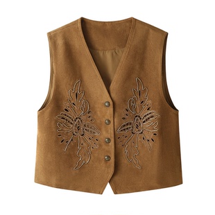 欧货高级感重工V领镂空刺绣麂皮绒马甲外套女叠穿短款坎肩背心潮