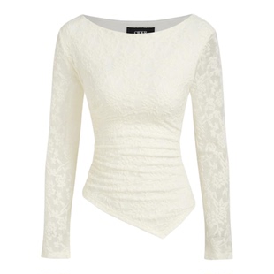 CIDER 蕾丝船领不对称下摆褶皱长袖上衣女装114809659