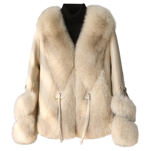 进口狐狸毛真皮草大衣女2025冬拼接绵羊皮优雅保暖鹅绒羽绒服外套