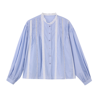 JeJuna炸鸡欧尼 海盐之柚 蕾丝纯棉蓝色条纹长短袖衬衫半裙套装女