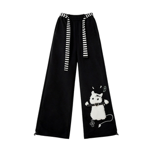 自然涩早秋黑色加绒休闲卫裤女装2025秋冬新款穿搭直筒宽松长裤子