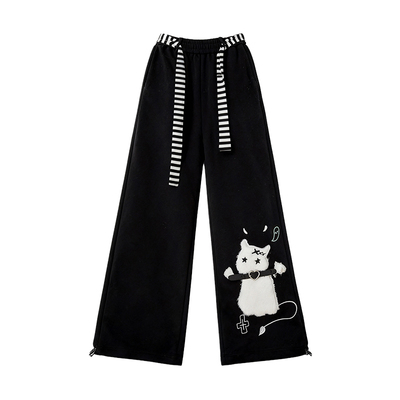 黑色休闲卫裤女春秋冬款小猫刺绣