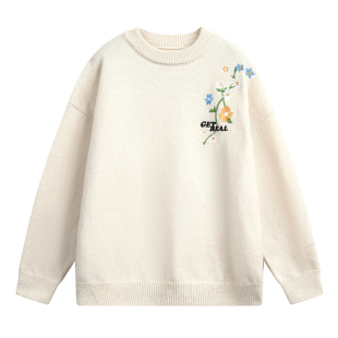 WASSUP花卉刺绣毛衣男女款春秋季圆领针织衫潮流百搭休闲毛线衣服