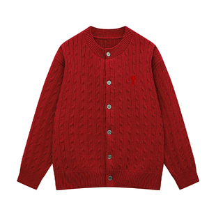 Ami iepo官方酒红色开衫针织毛衣男女情侣款秋冬季慵懒风百搭外套