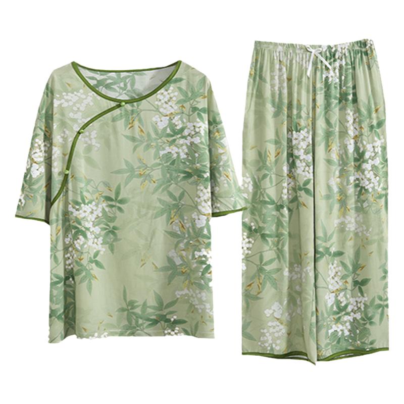 国风优雅棉绸夏季大码睡衣套装女