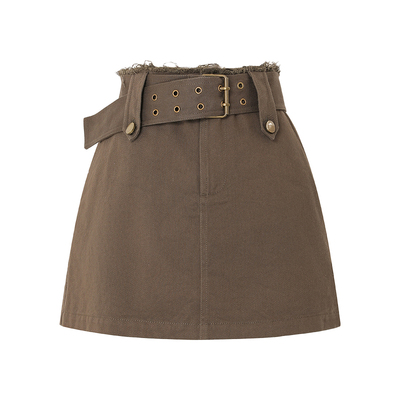 酒心甜巧Uena棕色腰头毛边工装裙