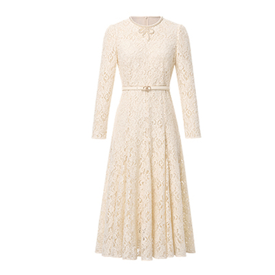 春季新款蕾丝收腰长袖连衣裙子女