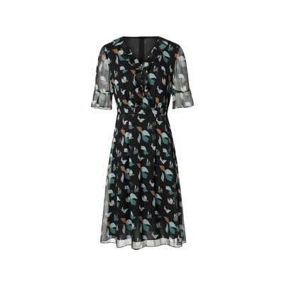 珂莱蒂尔v领印花连衣裙女夏短袖收腰碎花裙法式中长雪纺裙a字裙