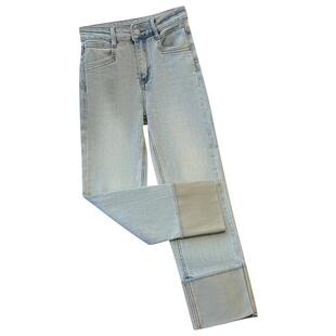 浅色窄版直筒牛仔裤女春款2026新款九分拼接撞色爆款烟管裤小个子