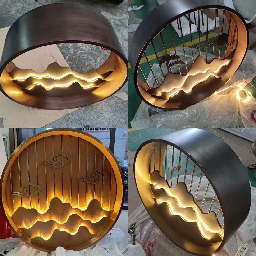 不锈钢定制隔断屏风浮雕户外圆形镂空玄关背景岩板璧饰假山迎客松